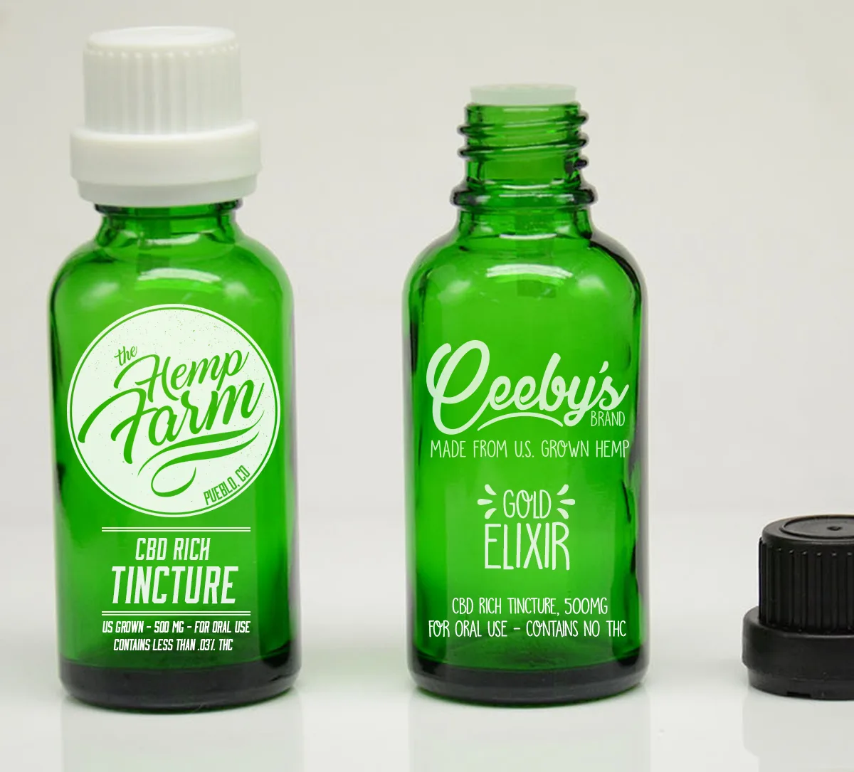 Hemp Farm and Ceeby's tincture bottles