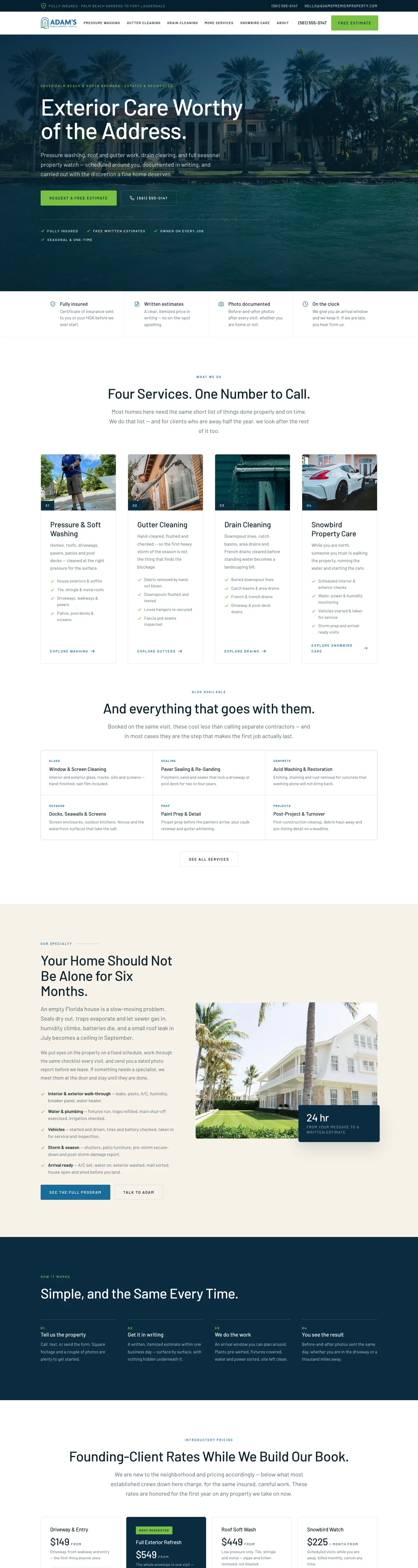 Adam's Premier Property Services website: services, snowbird care and pricing