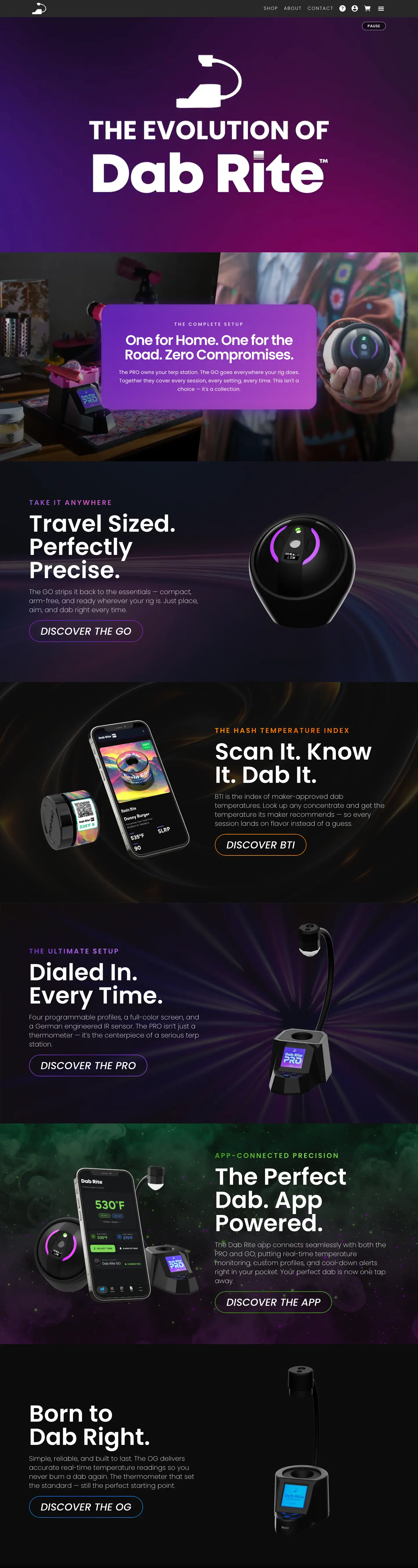 The dabrite.com homepage, scrolling through the GO, PRO and app sections