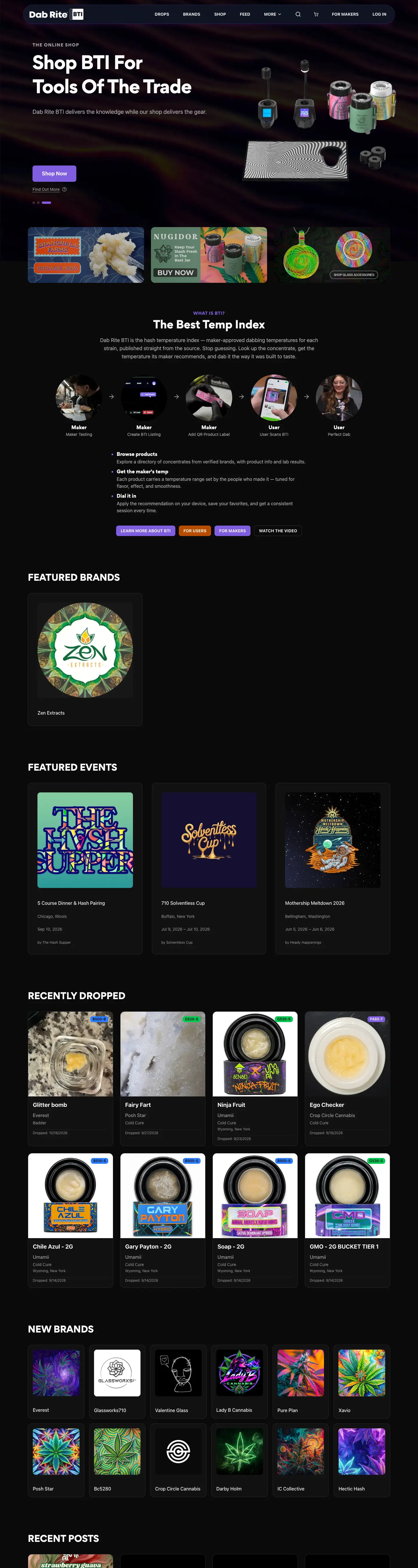 The Dab Rite BTI site: Best Temp Index, featured brands, events and new drops