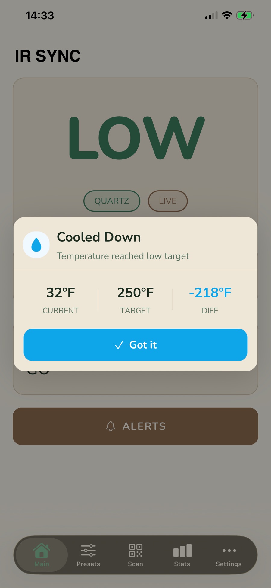 IR Sync app: cooldown alert screen