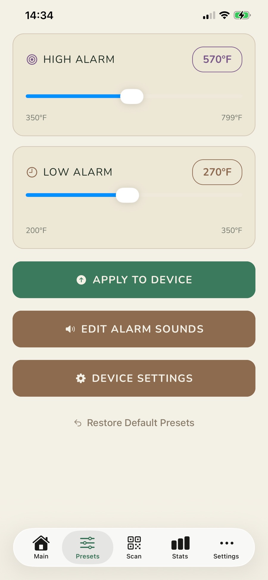IR Sync app: high and low alarm settings