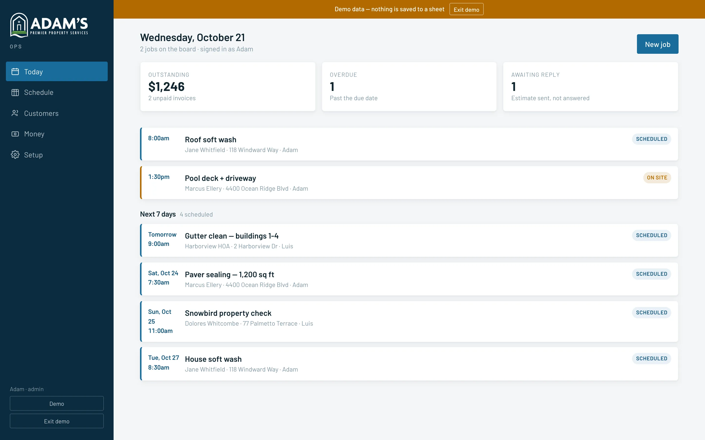 Premier Ops dashboard showing today's jobs and open invoices